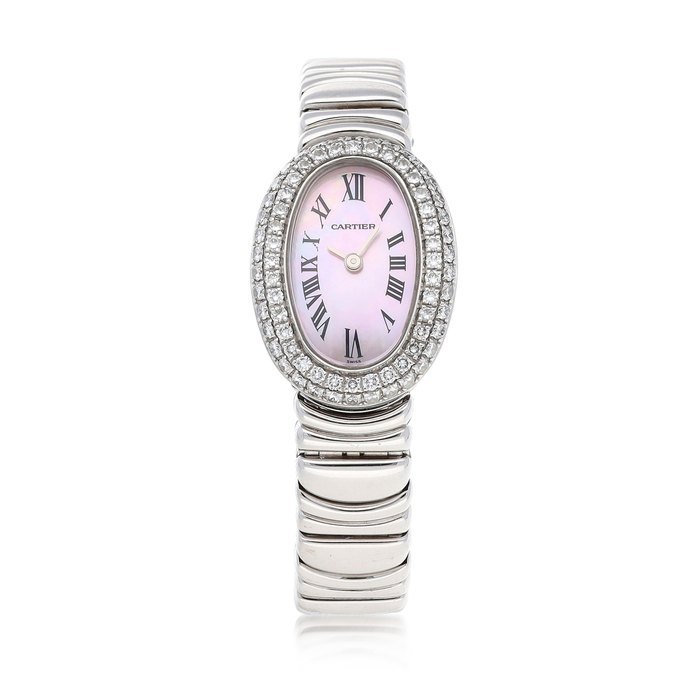 Cartier Cartier | Mini Baignoire, Reference 2369, A white gold and diamond-set wristwatch with mother-of-pearl dial and bracelet, circa 2010 | 卡地亞 | Mini Baignoire 型號2369   白金鑲鑽石鏈帶腕錶，備珠母貝錶盤，約2010年製 · 2369