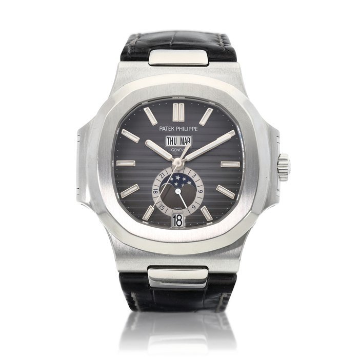 Patek Philippe Patek Philippe | Nautilus, Reference 5726, A stainless steel annual calendar wristwatch with moon phases and 24 hours indication, Circa 2011 | 百達翡麗 | Nautilus 型號5726 精鋼年曆腕錶，備月相及24小時顯示，約2011年製 · 5726