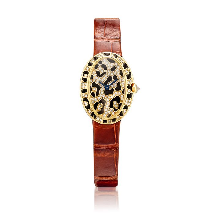 Cartier 'Mini Baignoire Panther Spots' Diamond and Enamel Wristwatch | 卡地亞 | 'Mini Baignoire Panther Spots' 鑽石 配 琺瑯彩 腕錶