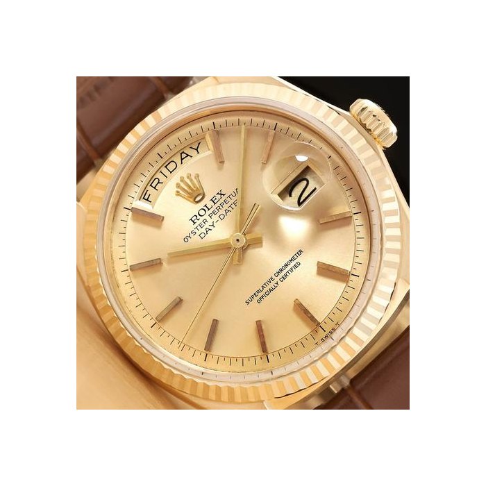 Rolex Day-DateMens Day-date 1803 18k Yellow Gold Silver Dial Brown Leather Watch