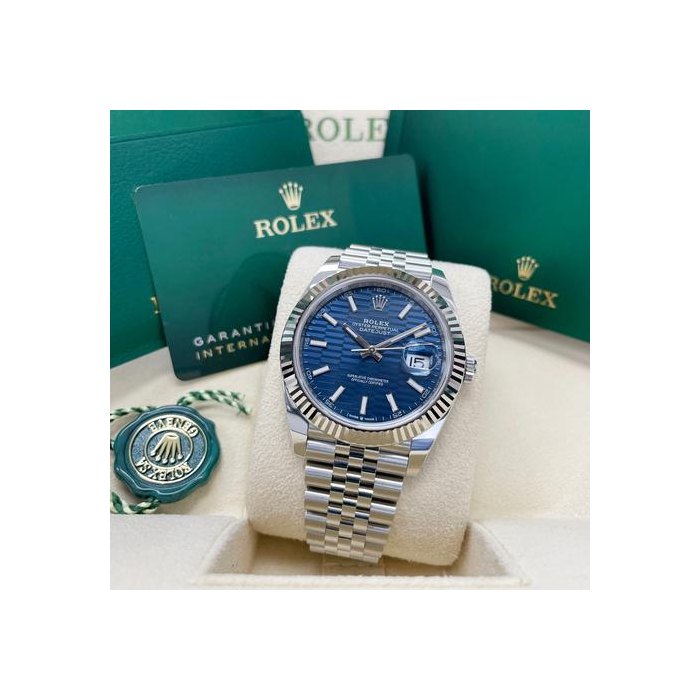 Rolex DatejustUNWORN Datejust 41mm Blue Motif Index Dial 126334 Fluted Jubilee Stainless Steel Full Set Unworn Complete Box & Papers