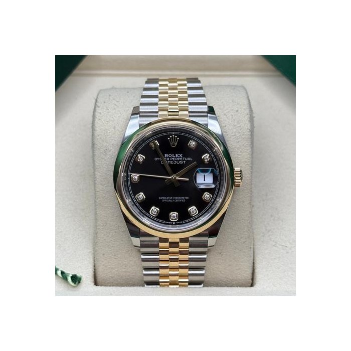 Rolex Datejust36 NEW 2025 Black Diamond Dial Two Tone Yellow Gold Jubilee Bracelet Smooth Bezel Ref. 126203