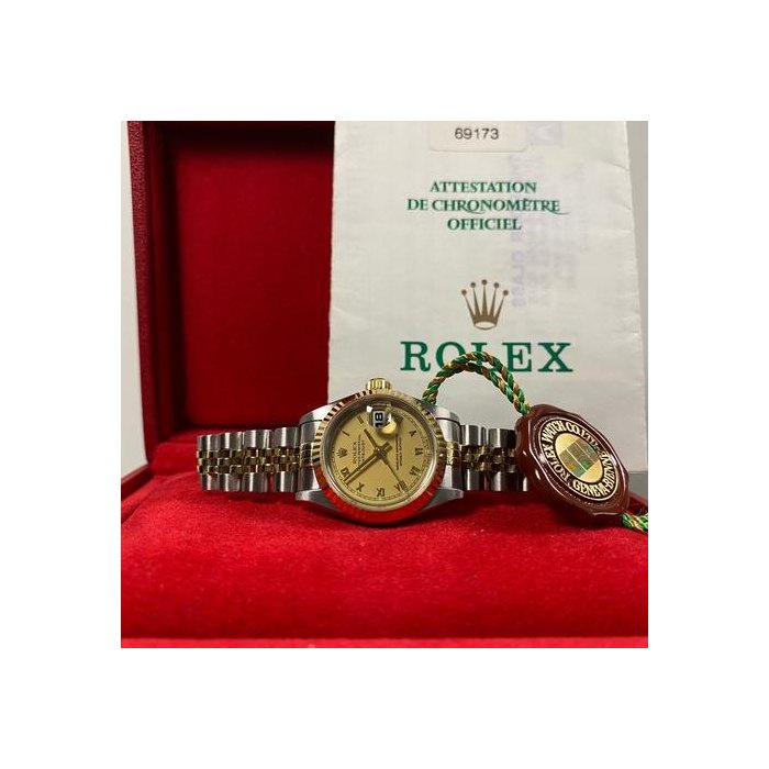 Rolex Lady-DatejustVery Good Condition 1999 Lady-Datejust 2-Tone Jubilee Champagne Roman Dial 69173 FULL SET Steel & Yellow Gold
