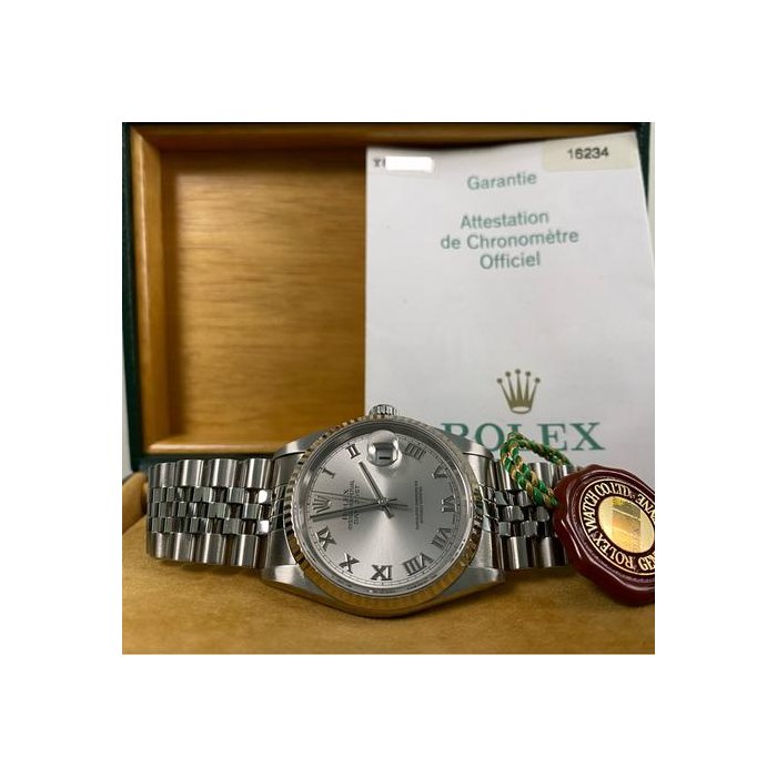 Rolex DatejustVery Good Condition 2003 Datejust 36 Steel Jubilee Rhodium Roman Dial 16234 FULL SET w Caseback Sticker