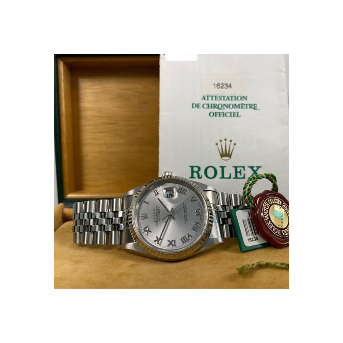 Rolex DatejustVery Good Condition 2000 Datejust 36 Steel Jubilee Rhodium Roman Dial 16234 FULL SET No Holes Case