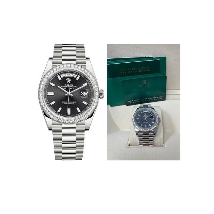 Rolex Day-DateWhite Gold Day-Date 40 Watch - White Gold Bezel - Black Baguette Diamond Dial 228349RBR