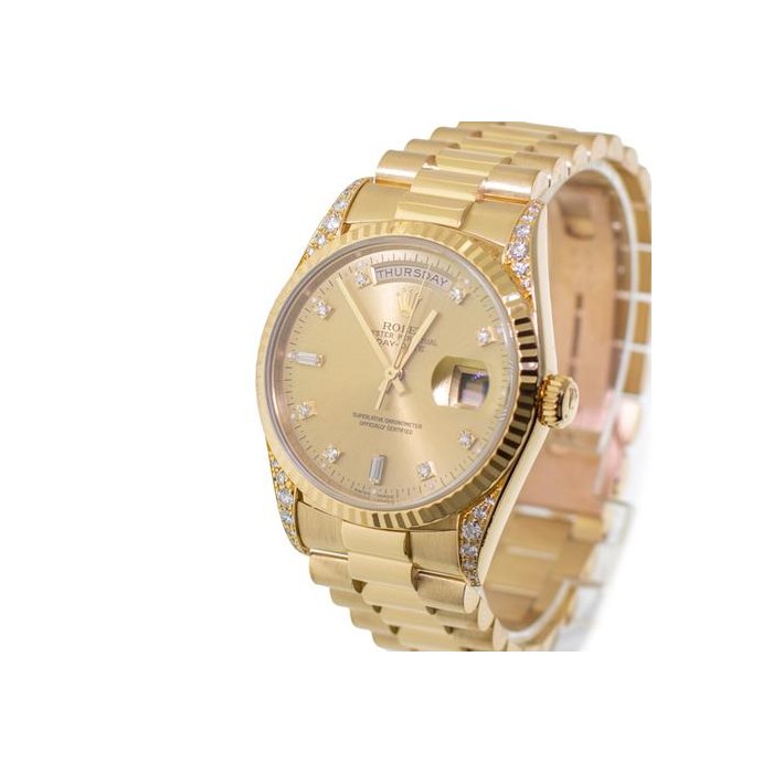Rolex Day-Date36mm Yellow Gold Champagne Diamond Dial & Fluted Bezel Diamond Lugs 18338 All Factory with Factory Diamond Lugs