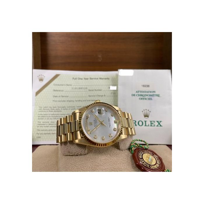 Rolex Day-DateEXCELLENT Condition LIKE NEW 1998 Day-Date 36 President Yellow Gold Mother-of-Pearl Diamond Dial w/RSC service receipt 18238