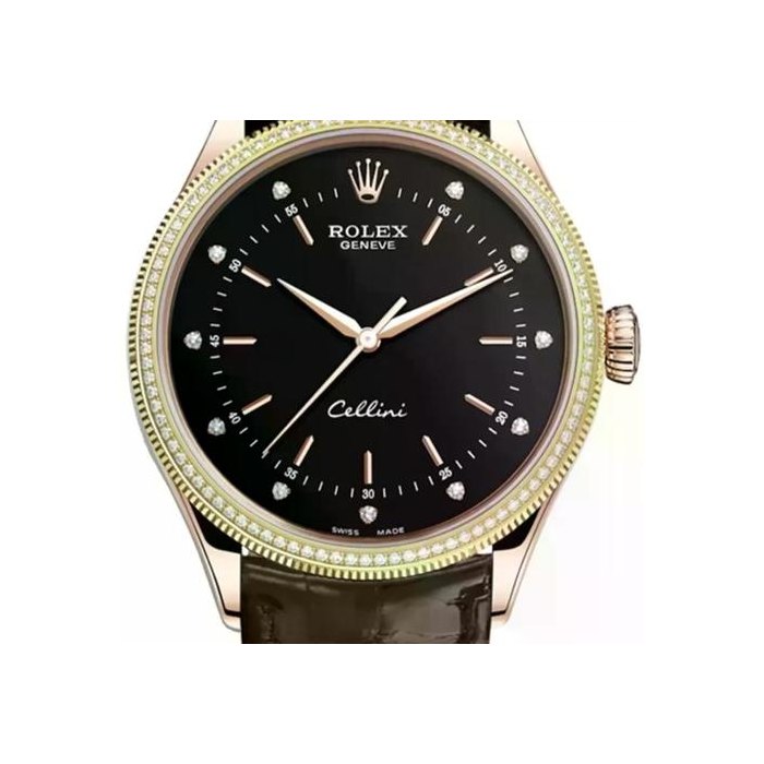 Rolex Cellini Time18k Rose & Yellow Gold Diamonds Black Dial Men's Watch 50605RBR-0013 Includes Box