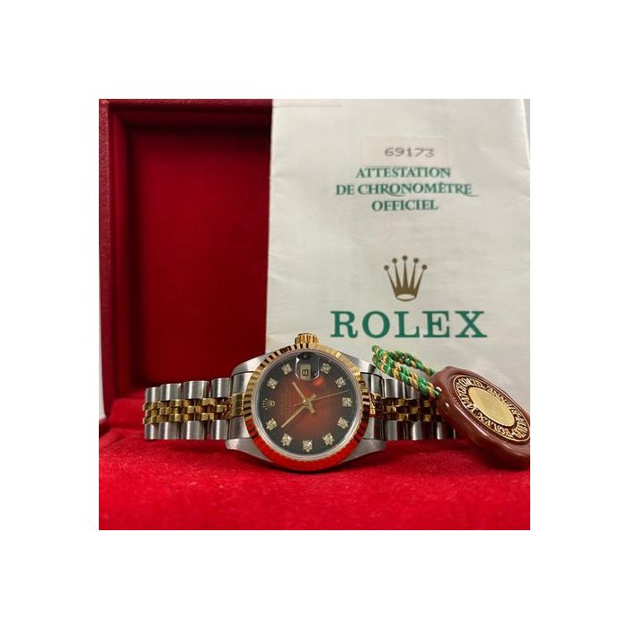 Rolex Lady-DatejustUNPOLISHED 1993 Good Condition Lady-Datejust 2-Tone Jubilee Red Vignette Diamond Dial FULL SET Steel & Yellow Gold 69173