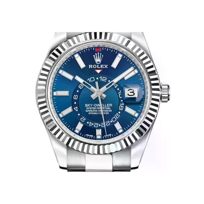 Rolex Sky-DwellerFluted Bezel Blue Dial Stainless Steel 42mm Men's Watch 326934-0003 Complete Full Set Ref. 326934-0003-GC