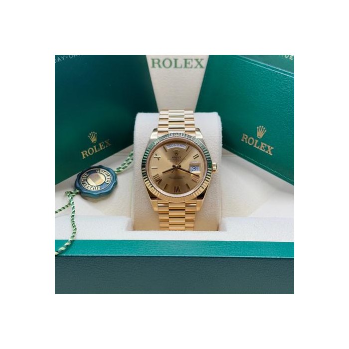 Rolex Day-Date40 Yellow Gold Champagne Roman Dial Fluted Bezel President Bracelet Box Papers Ref. 228238