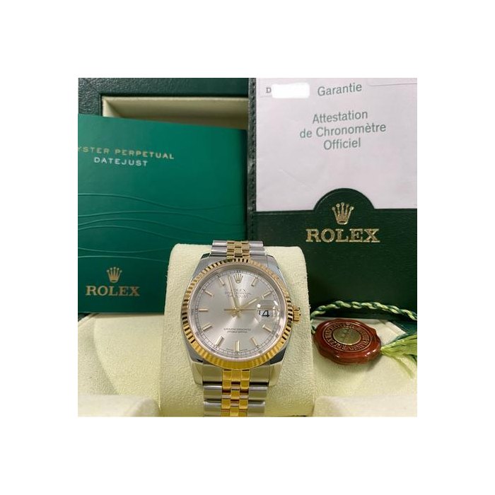 Rolex DatejustLike NEW 2006 Datejust 36 2-Tone Jubilee Silver Index Dial 116233 FULL SET Steel & Yellow Gold with Caseback Sticker