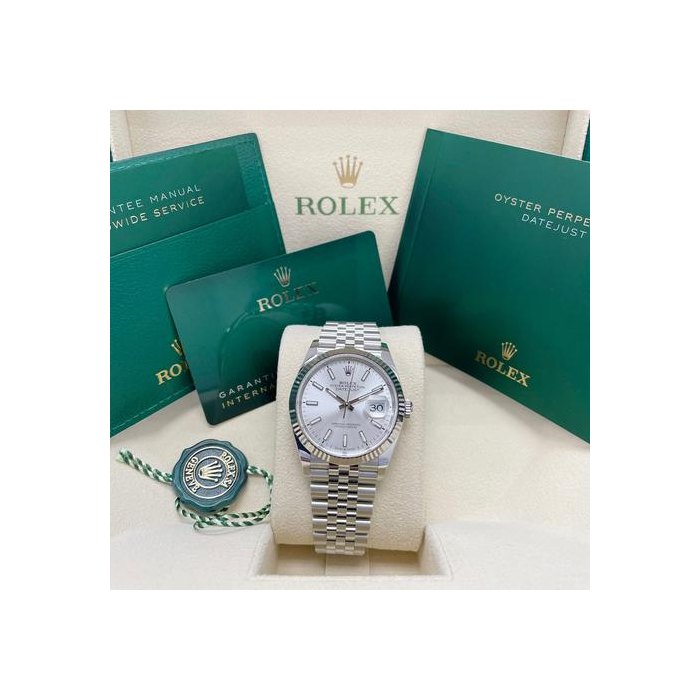 Rolex DatejustUNWORN Datejust 36mm 126234 Stainless Steel Fluted Bezel Silver Index Dial Jubilee Band Full Set Complete Box & Papers