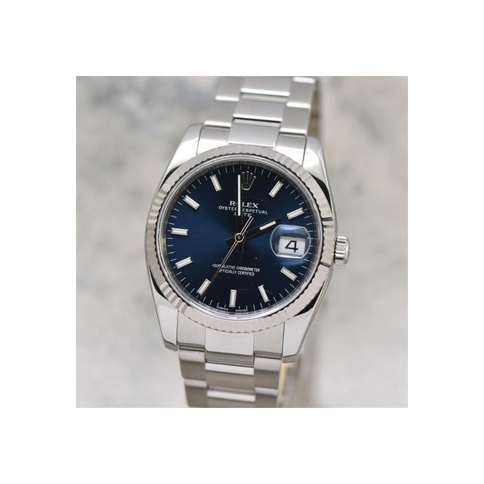 Rolex Oyster PerpetualDate 34MM 18K White Gold Bezel Blue Index Dial Oyster Bracelet 115234 Full Set