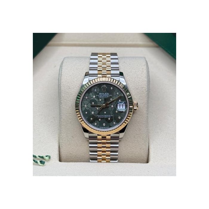 Rolex Datejust31 Green Floral Diamond Motif Two Tone Yellow Gold Fluted Bezel Jubilee Bracelet Ref. 278273