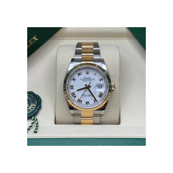 Rolex Datejust36 NEW 2026 White Roman Dial Two Tone Yellow Gold Fluted Bezel Oyster Bracelet Ref. 126233