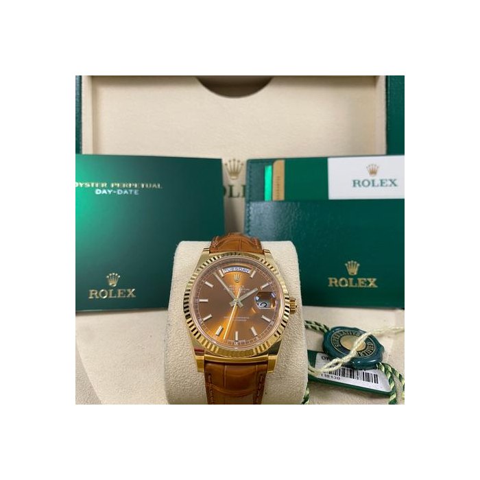 Rolex Day-DateNEW Old Stock 2019 Day-Date 36 Cognac Dial 118138 FULL SET w Stickers