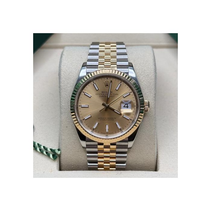 Rolex Datejust36 Champagne Index Dial Two Tone Yellow Gold Fluted Bezel Jubilee Bracelet Ref. 126233