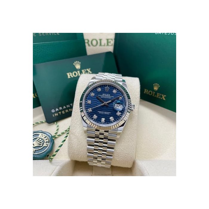 Rolex Datejust36mm 126234 Blue Motif Wave Diamond Dial Fluted Bezel Stainless Steel Jubilee Full Set Unworn Complete Box & Papers