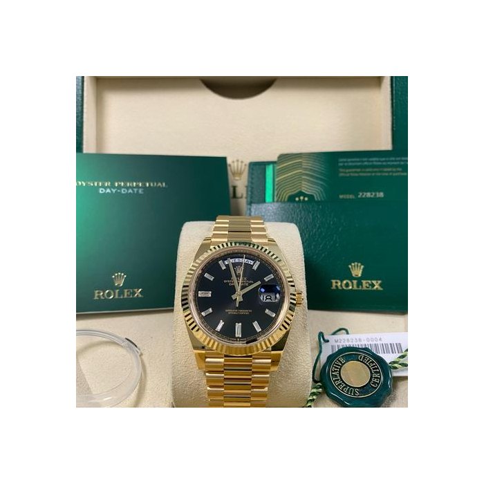 Rolex Day-DateNEW Old Stock 2022 UNWORN Day-Date President Black Baguette Diamond Dial 228238 FULL SET Yellow Gold