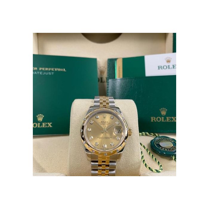 Rolex DatejustLike NEW 2016 Datejust 31 2-Tone Jubilee Champagne Diamond Dial Scattered Diamond Bezel FULL SET Steel & Yellow Gold 178343