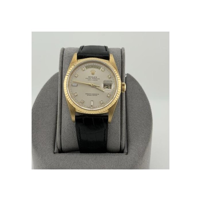 Rolex Day-Date18038 36mm Factory Diamond Dial and Leather Strap 18k Yellow Gold