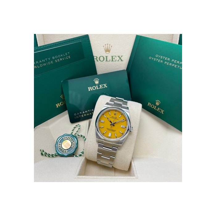 Rolex Oyster PerpetualUNWORN Oyster Perpetual 36mm 126000 Domed Bezel Yellow Index Dial Oyster Bracelet Full Set Unworn Complete Box & Papers