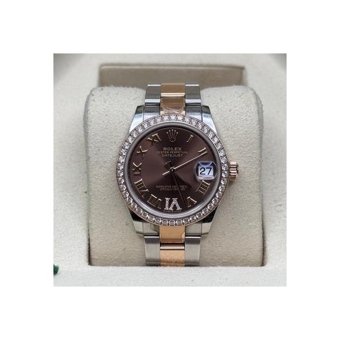 Rolex Lady-Datejust31 Chocolate Roman Diamond Dial Two Tone Rose Gold Diamond Bezel Oyster Bracelet Ref. 278381RBR