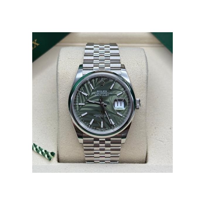 Rolex Datejust36 Olive Green Palm Motif Index Dial Stainless Steel Smooth Bezel Jubilee Ref. 126200