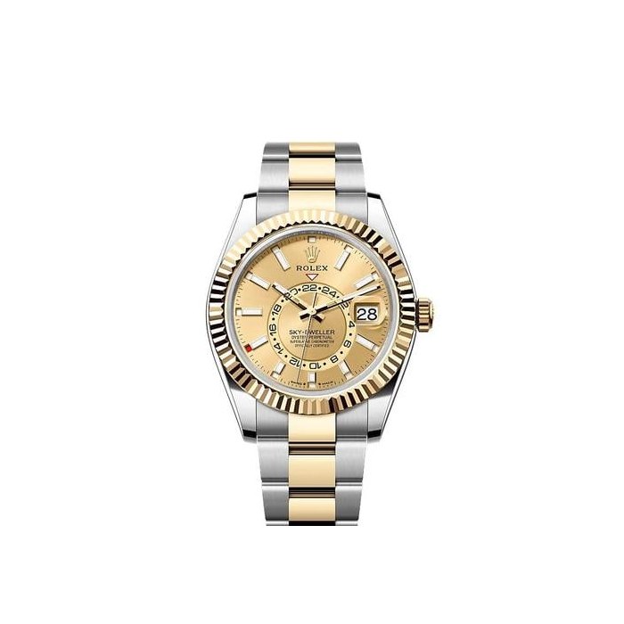 Rolex Sky-DwellerChampagne Index Dial Two Tone Yellow Gold Fluted Bezel Oyster Bracelet Ref. 336933