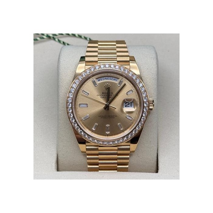 Rolex Day-Date40 NEW 2026 Champagne Baguette Dial 18K Gold Diamond Bezel President Bracelet Ref. 228348RBR