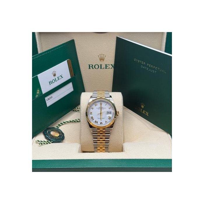 Rolex Datejust36 White Roman Dial Two Tone Yellow Gold Jubilee Bracelet Fluted Bezel Ref. 126233
