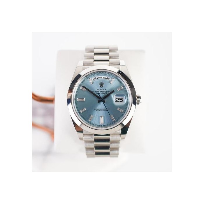 Rolex Day-Date40mm Smooth Bezel Platinum Ice Blue Baguette Diamond Dial Presidential Band Ref. 228206