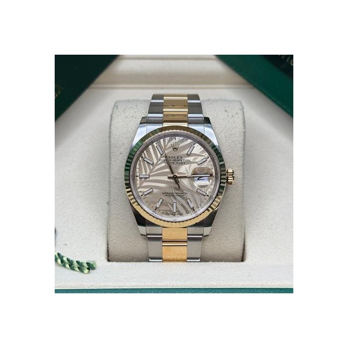 Rolex Datejust36 Champagne Index Palm Motif Two Tone Yellow Gold Fluted Bezel Oyster Bracelet Ref. 126233