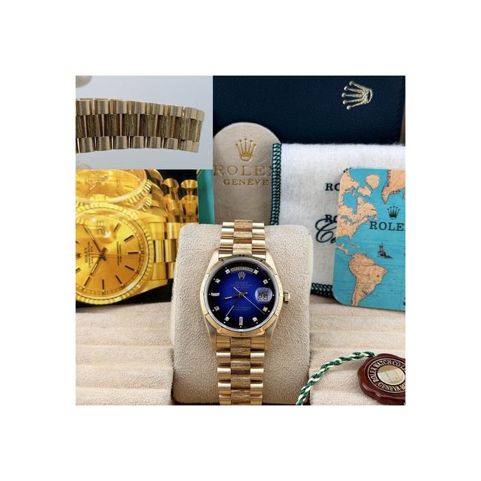 Rolex Day-DatePresident 18248 36mm Blue Vignette Diamond Dial 18k Gold Bark Box