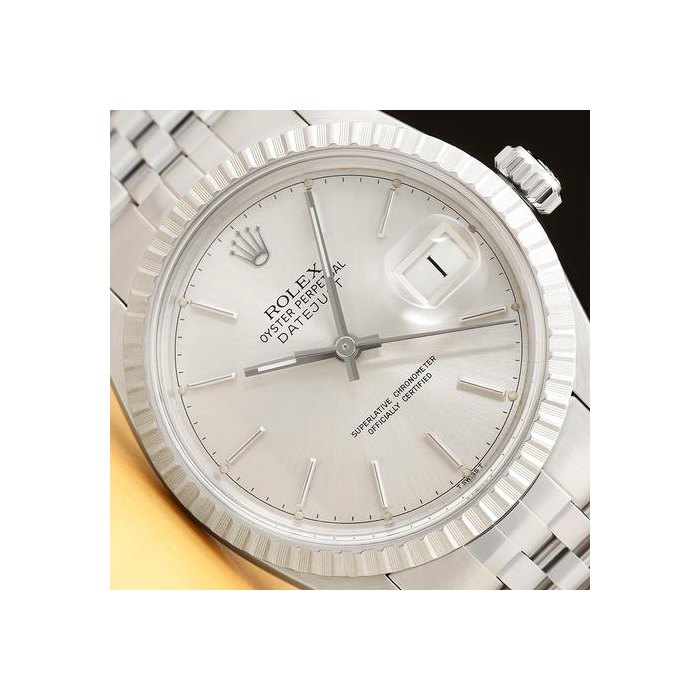 Rolex DatejustMens Datejust 16030 Silver Dial Engine Turned Bezel Steel Jubilee Watch