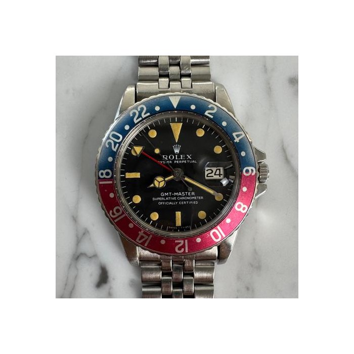 Rolex GMT-Master1675 MK1 Long E Heavy Patina Pepsi Red Back Jubilee (Serviced August 2026) Original Box & Papers 1967