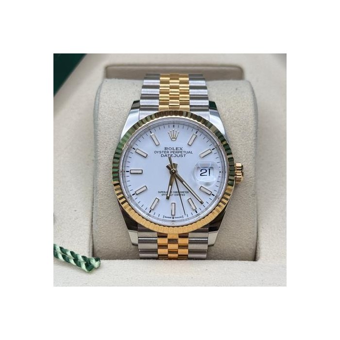 Rolex Datejust36 White Index Dial Two Tone Yellow Gold Fluted Bezel Jubilee Bracelet Ref. 126233