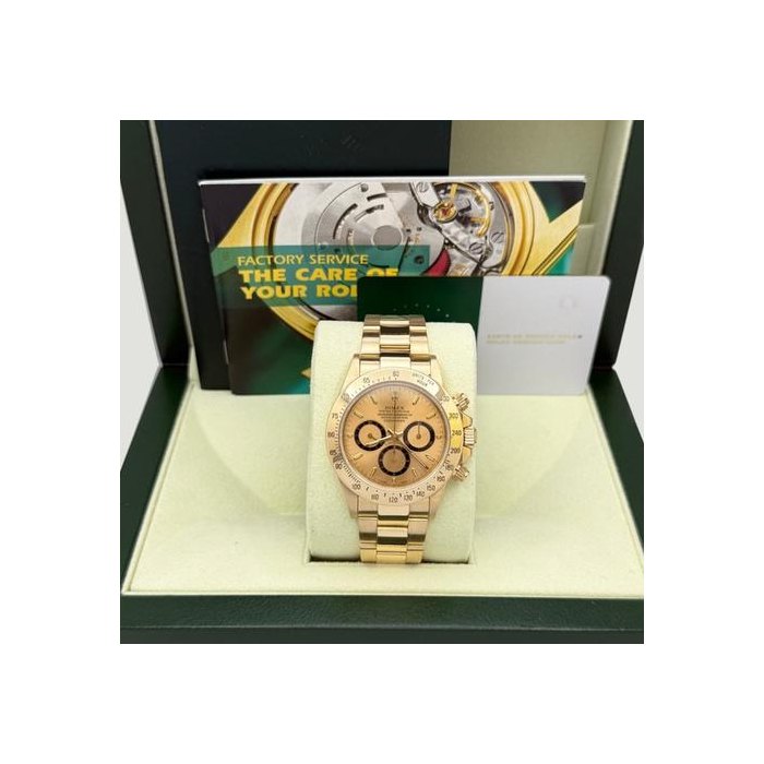 Rolex DaytonaZenith 16528 Inverted 6 Champagne Dial 18k Gold Box Service Card