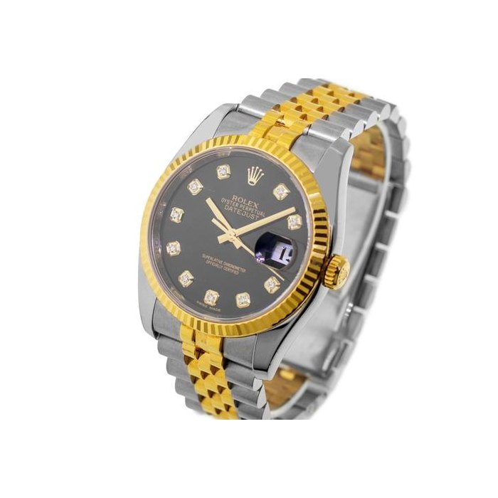 Rolex Datejust36mm Yellow Gold & Steel Black Diamond Dial Fluted Bezel 116233 Rolex Card All Factory