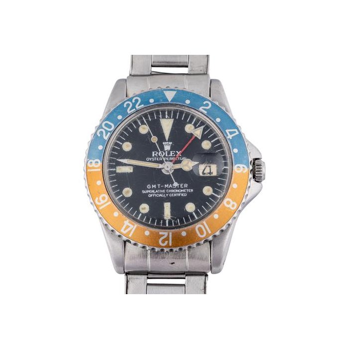 Rolex1964 GMT-Master Ref. 1675 PCG “Pepsi” with Gilt Dial & Chronograph Papers Papers and Outer Box Ref. Rolex GMT-Master 1675