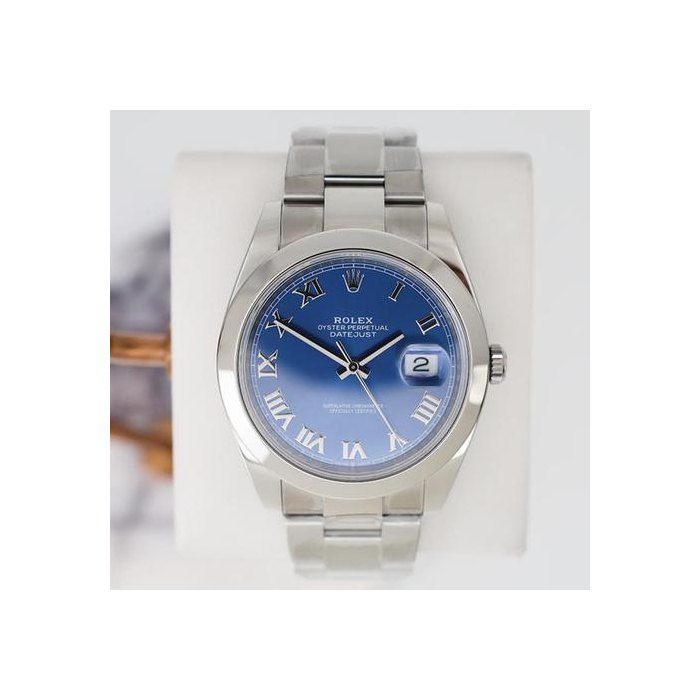 Rolex Datejust41mm Smooth Bezel Stainless Steel Blue Roman Dial Oyster Bracelet 126300