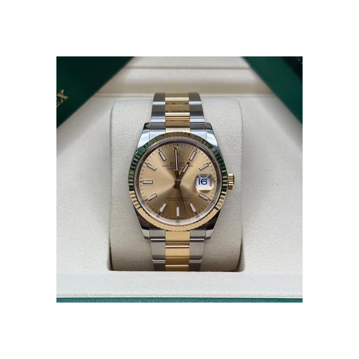 Rolex Datejust36 Champagne Index Dial Two Tone Yellow Gold Fluted Bezel Oyster Bracelet Ref. 126233