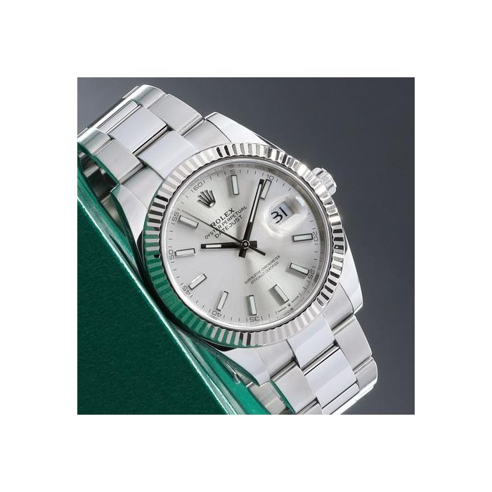Rolex DatejustComplete 41mm Oystersteel Silver Sunburst Dial WG Fluted Bezel Oyster Bracelet 126334