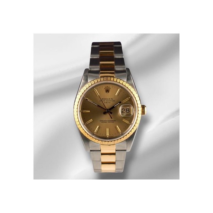 Rolex Oyster Perpetual34mm Date Steel Yellow Gold Champagne Dial Mens Watch 15223