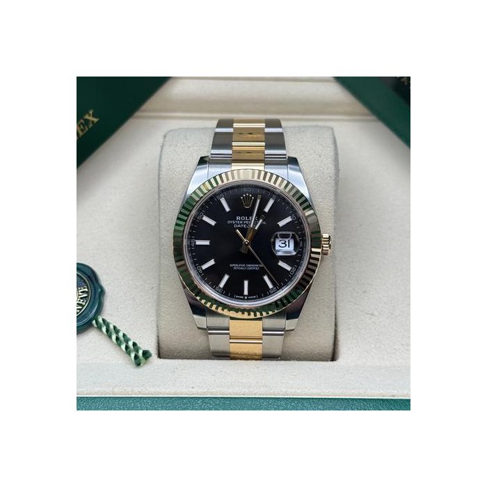 Rolex Datejust41 Black Index Dial Two Tone Yellow Gold Fluted Bezel Oyster Bracelet Ref. 126333