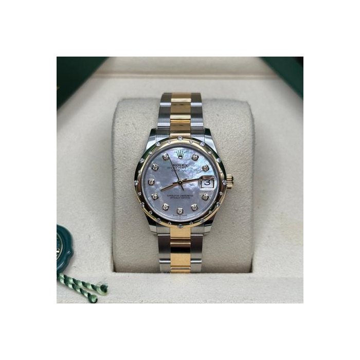 Rolex Datejust31 NEW 2025 Mother of Pearl Scatter Diamond Bezel Two Tone Yellow Gold Oyster Ref. 278343RBR