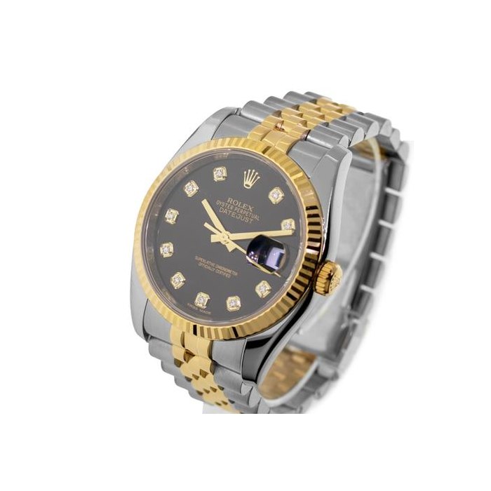 Rolex Rolex Datejust36mm Yellow Gold & Steel Black Diamond Dial Fluted Bezel 116233 Rolex Card All Factory, Price & Market Data