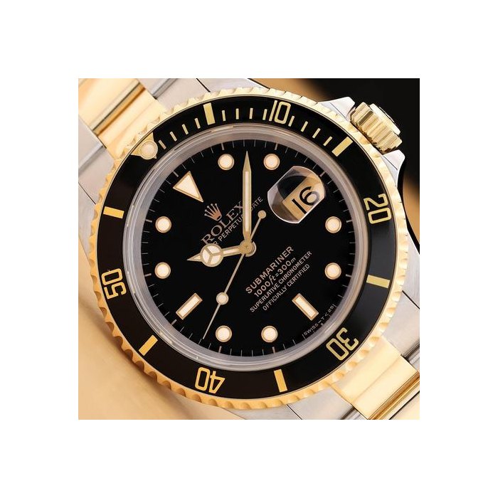 Rolex Submariner Date16613ln 40mm 18k Yellow Gold Steel Black Watch W Paper